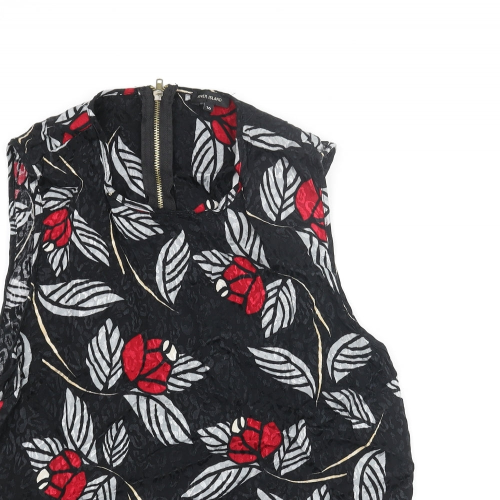 River Island Womens Black Geometric Viscose Camisole Blouse Size 16 Round Neck - Leaf Print Back Cut Out