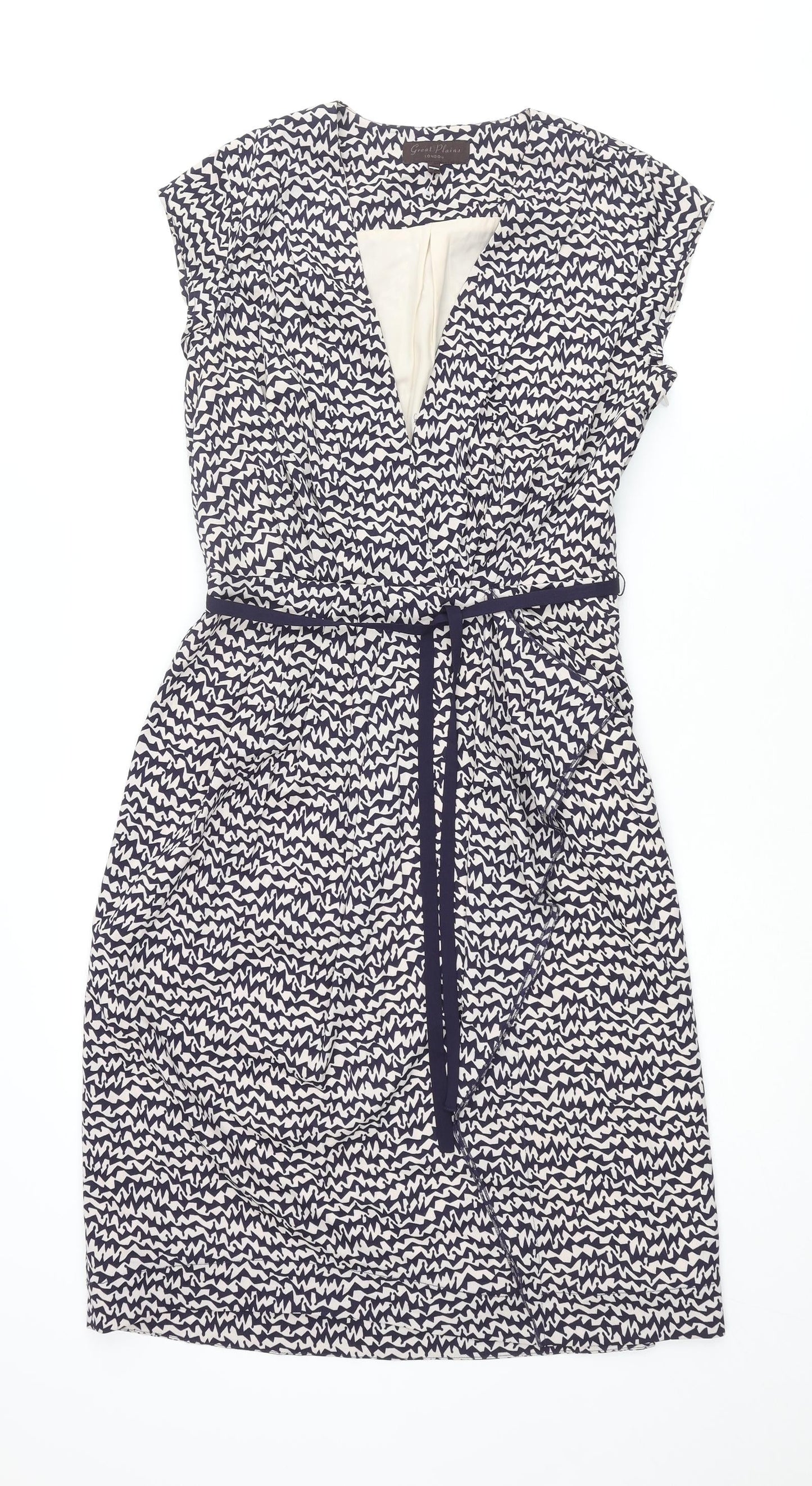 Great Plains London Womens Blue Geometric Polyester Shift Size S V-Neck Zip - Frill Belted