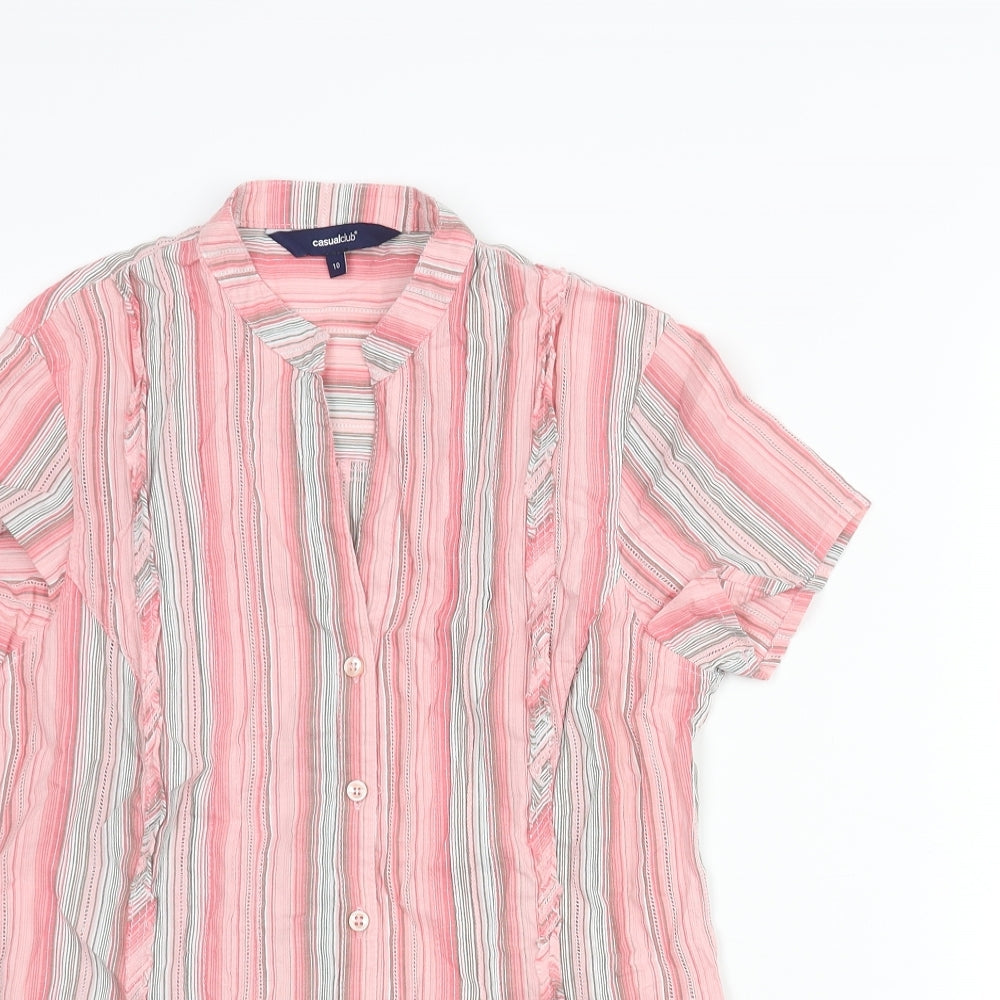 Casual Club Womens Pink Striped Cotton Basic Button-Up Size 10 V-Neck - Belted