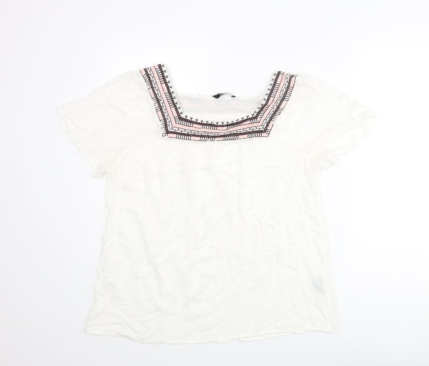 Natura Womens White Viscose Basic Blouse Size XL Square Neck - Embroidered Neckline
