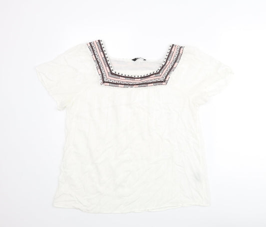 Natura Womens White Viscose Basic Blouse Size XL Square Neck - Embroidered Neckline