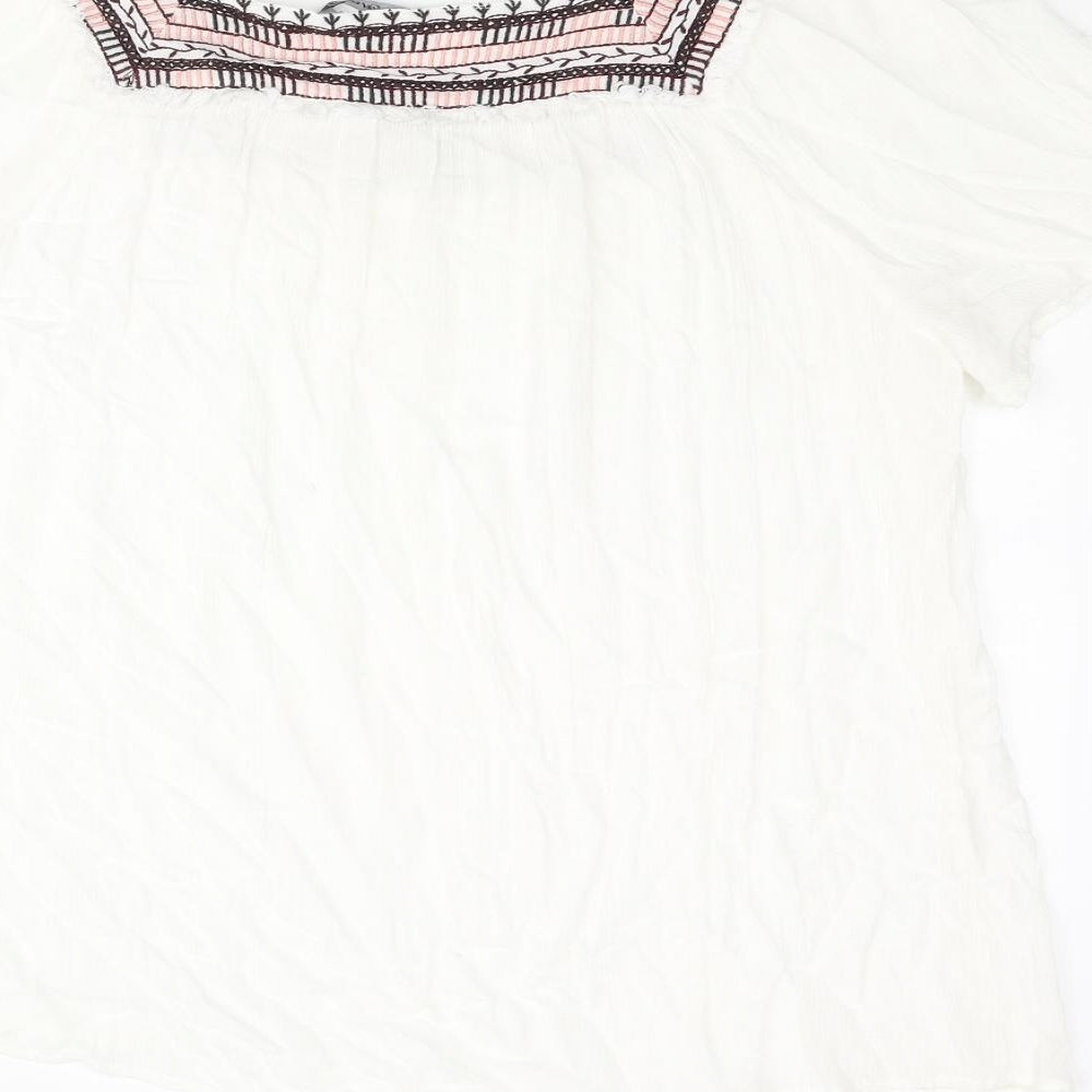 Natura Womens White Viscose Basic Blouse Size XL Square Neck - Embroidered Neckline