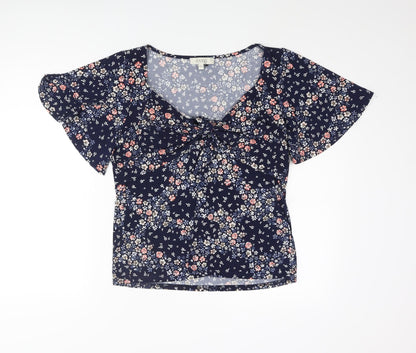 Oasis Womens Blue Floral Polyester Basic Blouse Size S V-Neck - Tie Detail