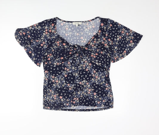 Oasis Womens Blue Floral Polyester Basic Blouse Size S V-Neck - Tie Detail