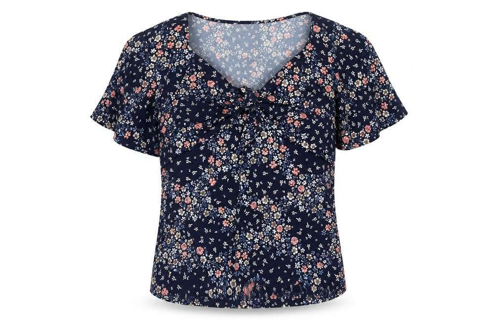 Oasis Womens Blue Floral Polyester Basic Blouse Size S V-Neck - Tie Detail