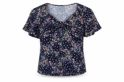 Oasis Womens Blue Floral Polyester Basic Blouse Size S V-Neck - Tie Detail