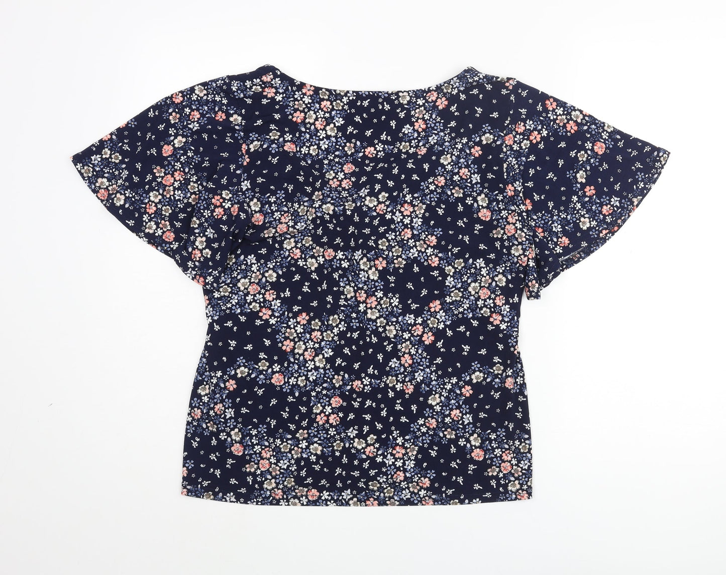 Oasis Womens Blue Floral Polyester Basic Blouse Size S V-Neck - Tie Detail