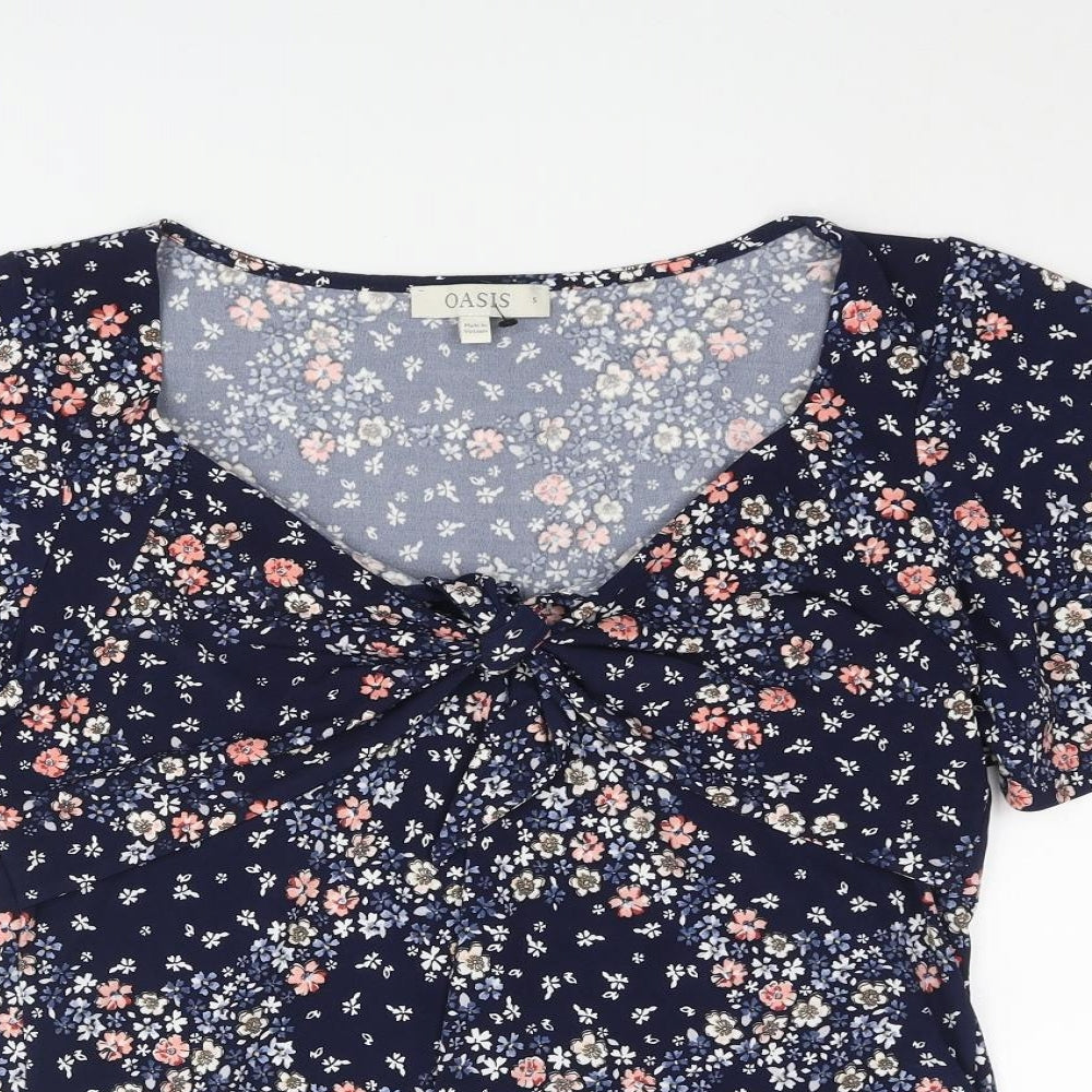 Oasis Womens Blue Floral Polyester Basic Blouse Size S V-Neck - Tie Detail