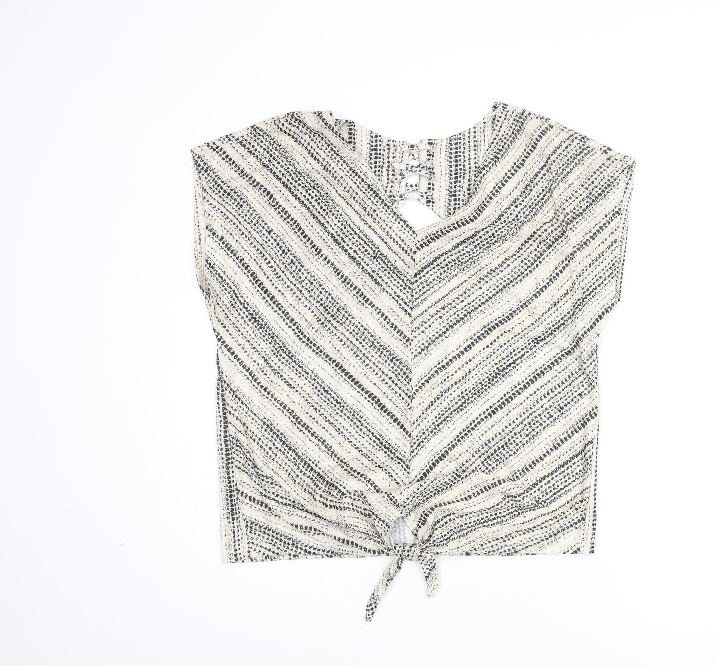 M&Co Womens Beige Geometric Polyester Basic Blouse Size 14 V-Neck - Open Back Detail Tie