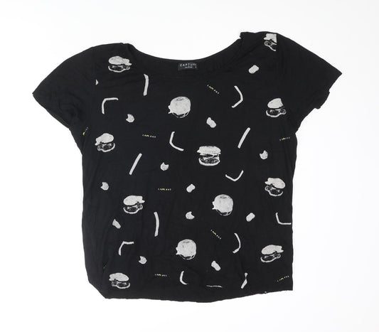 Capture Womens Black Viscose Basic T-Shirt Size M Round Neck - Fast Food Front Print