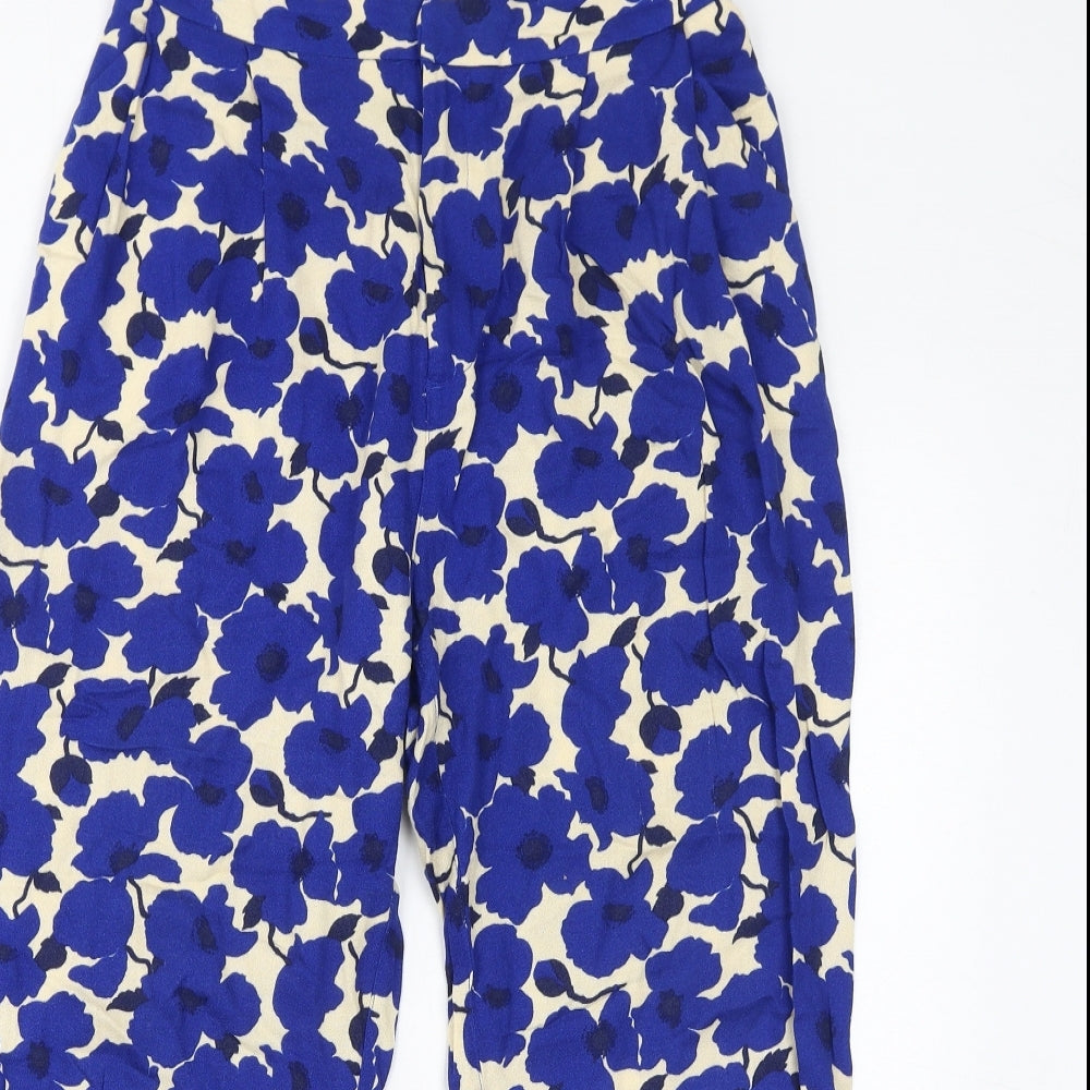 H&M Womens Blue Floral Viscose Cropped Trousers Size 6 L22 in Regular Zip