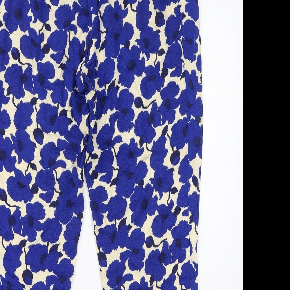 H&M Womens Blue Floral Viscose Cropped Trousers Size 6 L22 in Regular Zip