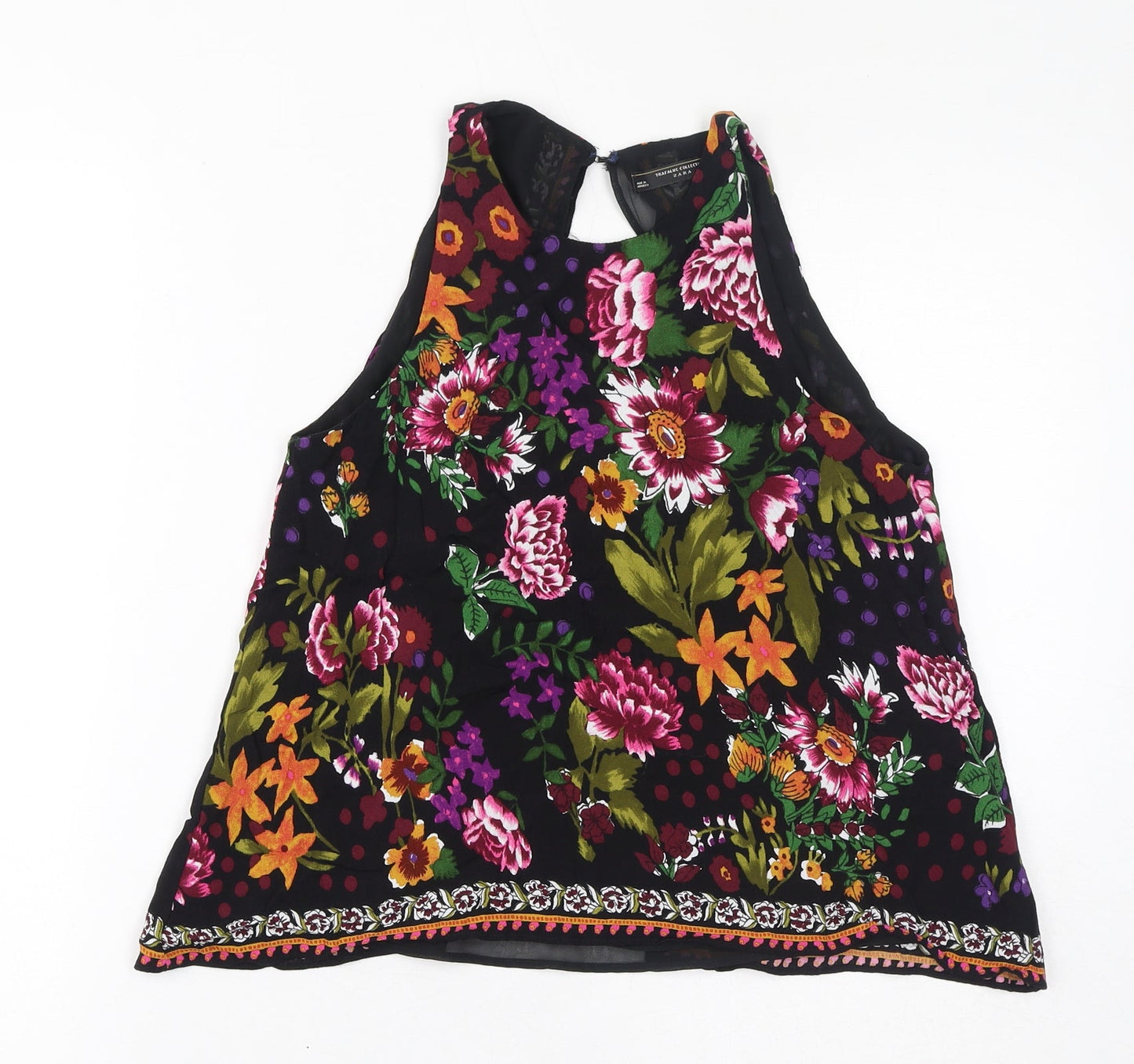 Zara Womens Black Floral Viscose Basic Tank Size S Round Neck