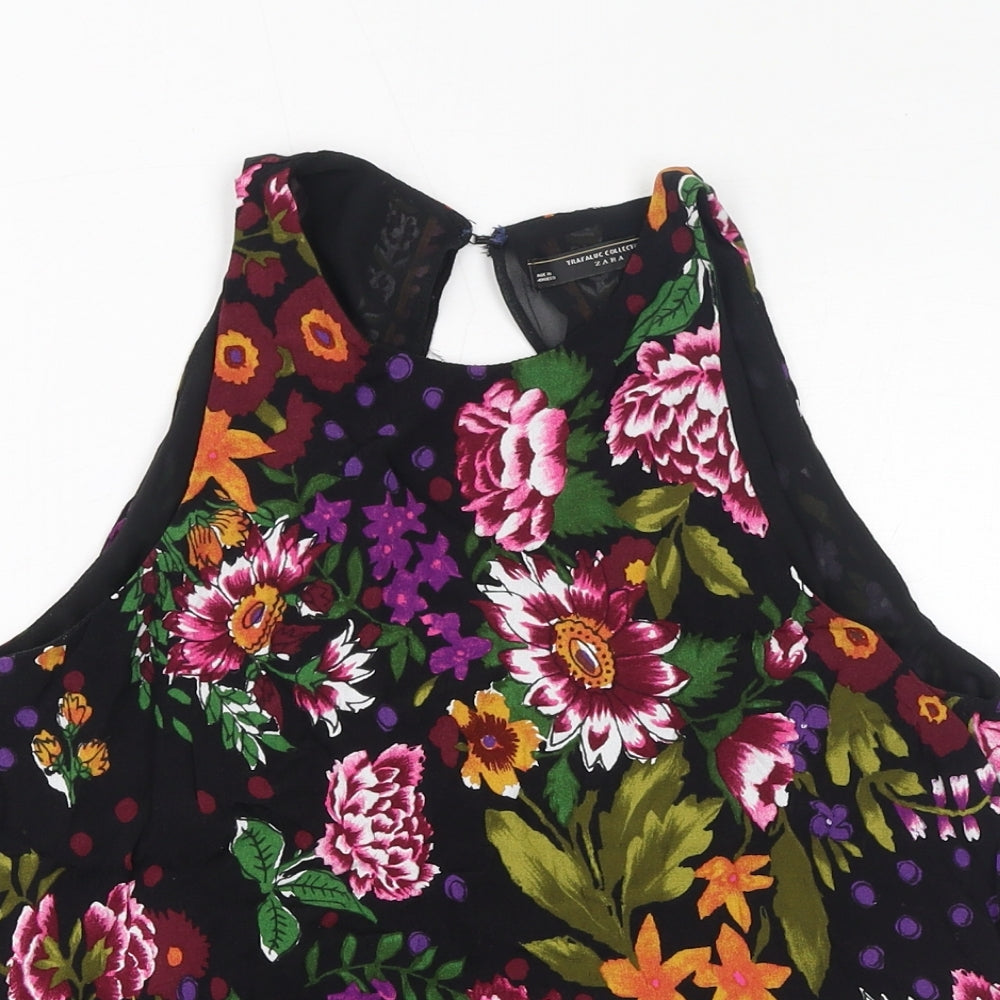 Zara Womens Black Floral Viscose Basic Tank Size S Round Neck
