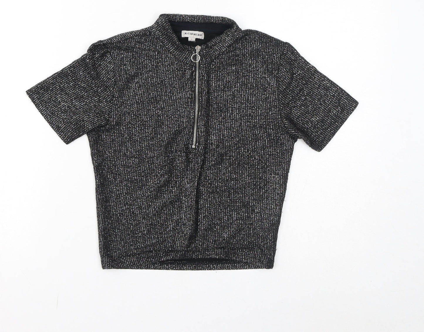Light before Dark Womens Black Viscose Cropped T-Shirt Size S Round Neck - Sparkle Zip Front