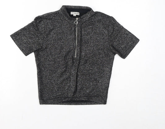 Light before Dark Womens Black Viscose Cropped T-Shirt Size S Round Neck - Sparkle Zip Front