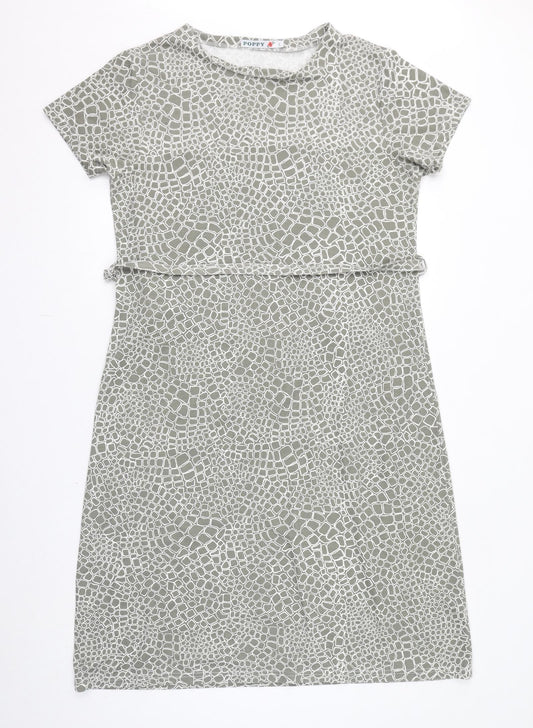 Poppy Womens Grey Geometric Polyester T-Shirt Dress Size L Round Neck Pullover