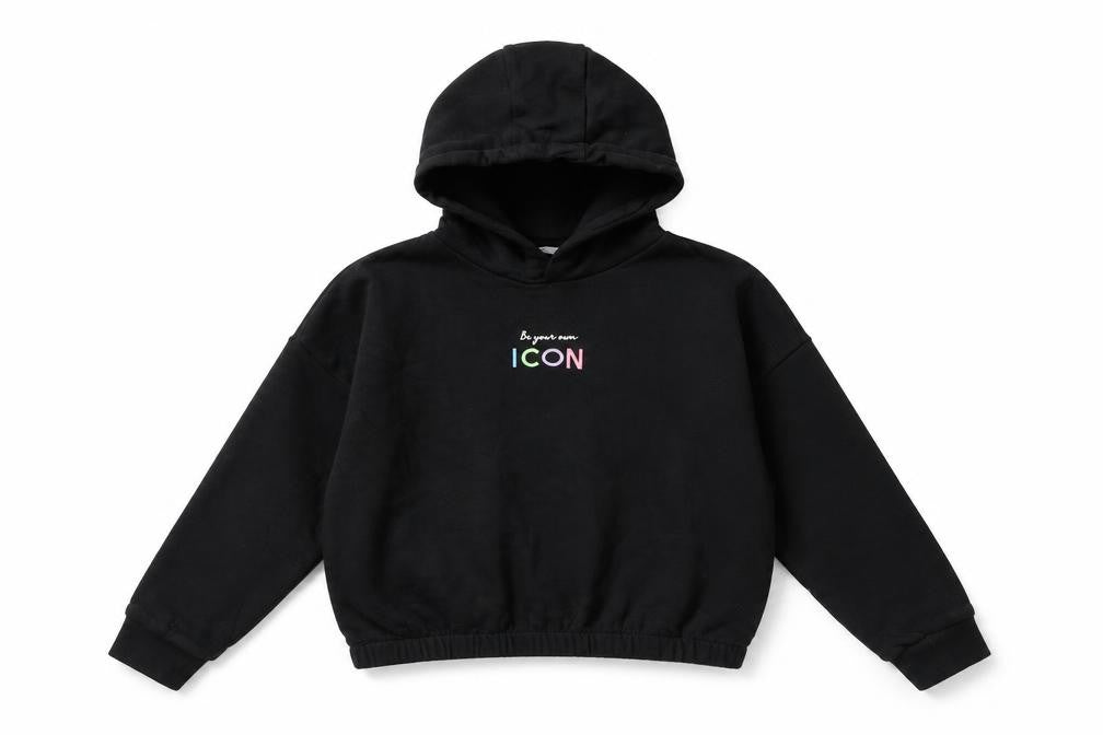 Marks & Spencer Girls Black Cotton Pullover Hoodie Size 9-10 Years Pullover - Be Your Own Icon, Cropped