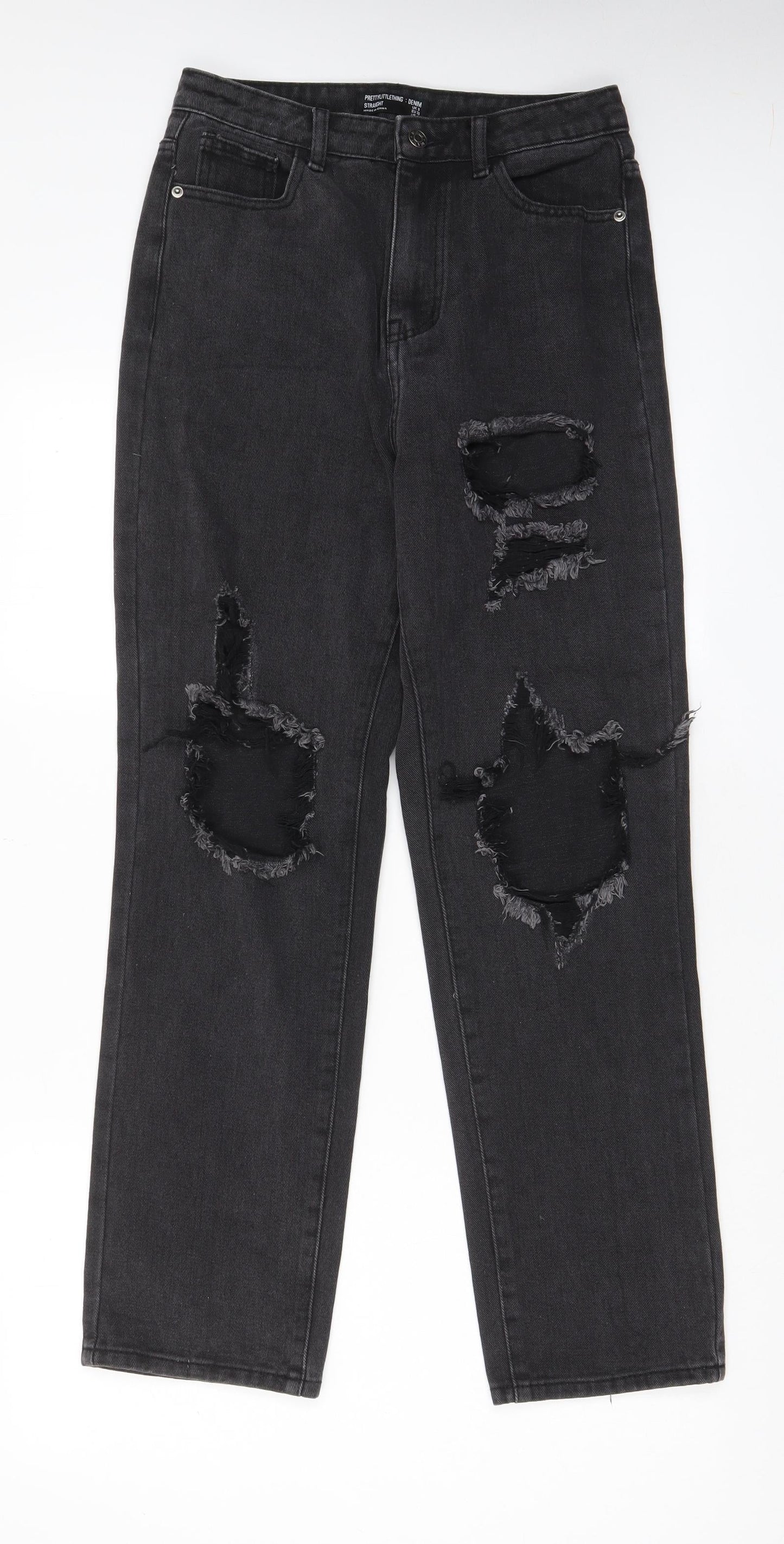 PRETTYLITTLETHING Womens Grey Cotton Straight Jeans Size 8 L29 in Regular Zip - Pockets
