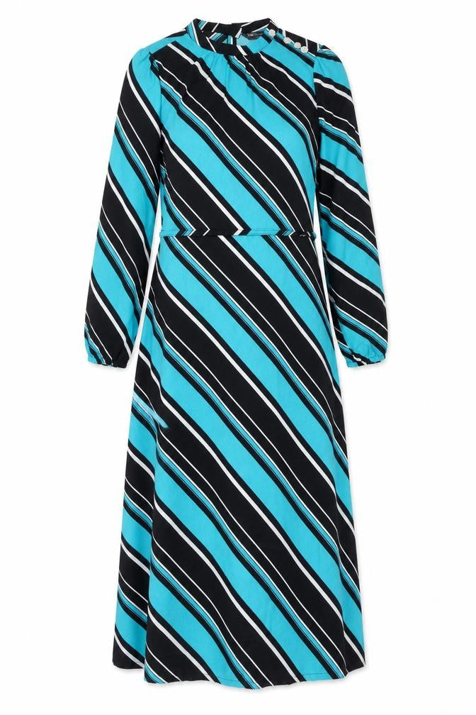 Marks & Spencer Womens Blue Striped Polyester Maxi Size 8 Round Neck Button
