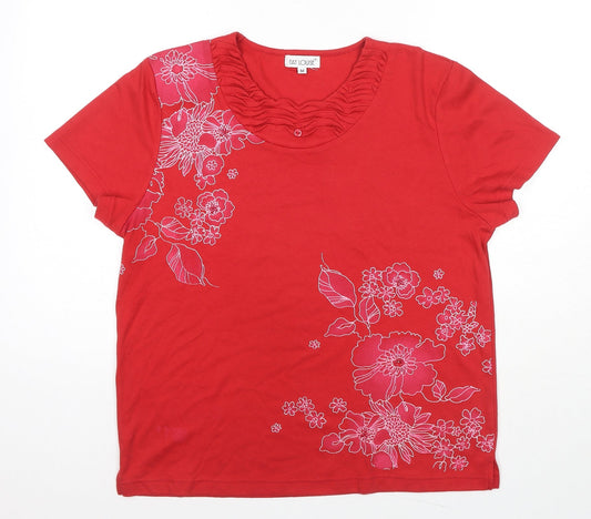 Fay Louise Womens Red Cotton Basic Blouse Size M Round Neck - Flowers Beaded Detail