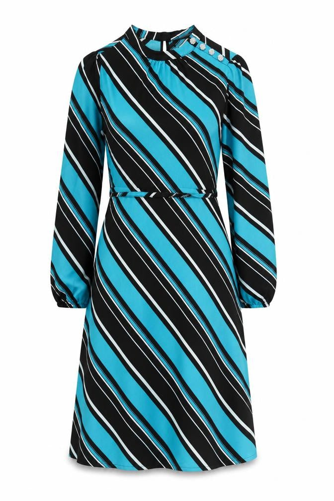 Marks & Spencer Womens Blue Striped Polyester A-Line Size 10 Mock Neck Button