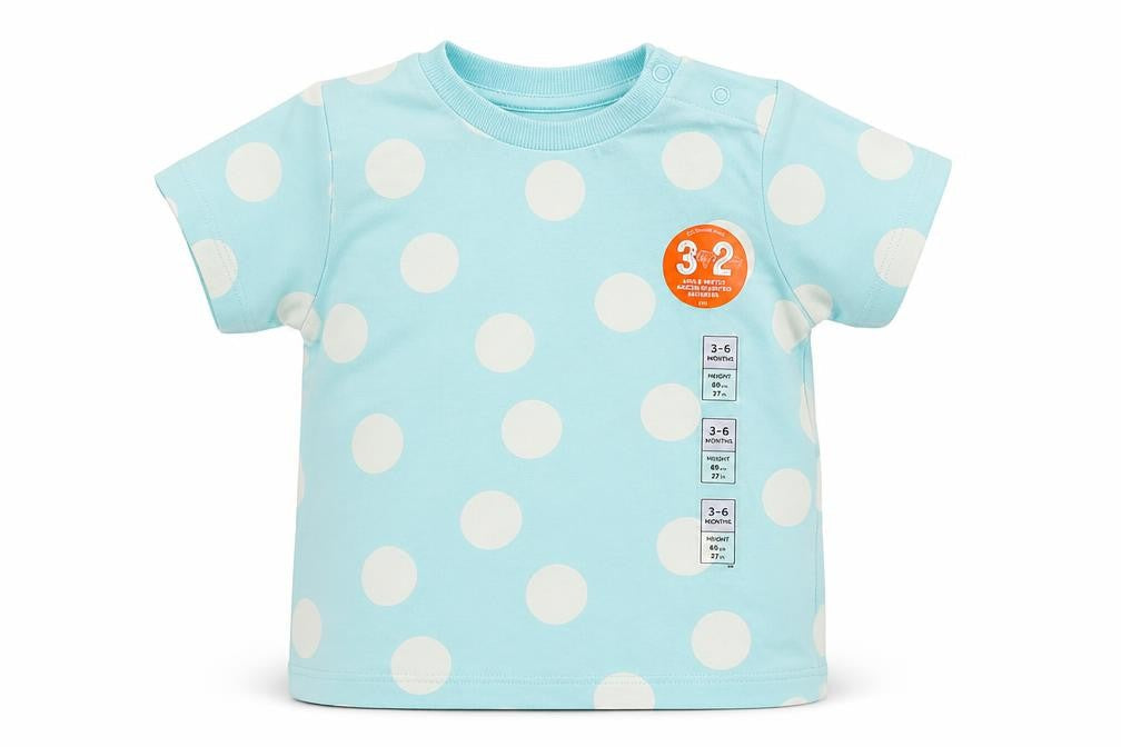 Marks & Spencer Baby Blue Polka Dot Cotton Pullover T-Shirt Size 3-6 Months Crew Neck Snap