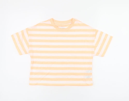 Marks and Spencer Boys White Striped Cotton Basic T-Shirt Size 7-8 Years Round Neck Pullover