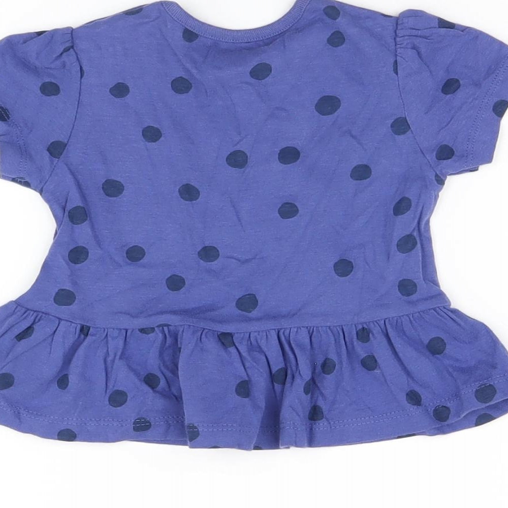 Marks and Spencer Girls Blue Polka Dot Cotton Basic T-Shirt Size 6-9 Months Round Neck Snap
