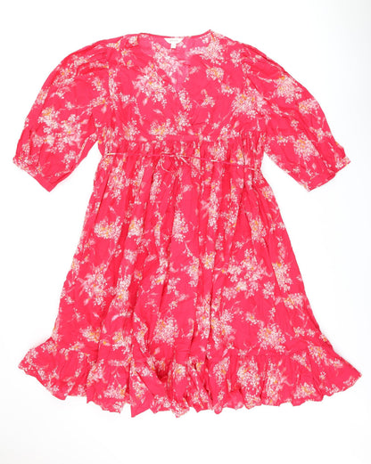 Preloved Per Una Womens Pink Floral Cotton A-Line Size M V-Neck Pullover - Belted - Front