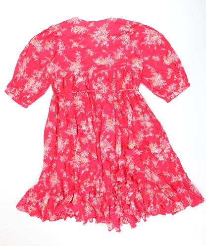 Preloved Per Una Womens Pink Floral Cotton A-Line Size M V-Neck Pullover - Belted - Back