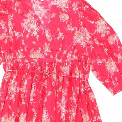 Preloved Per Una Womens Pink Floral Cotton A-Line Size M V-Neck Pullover - Belted - Detail