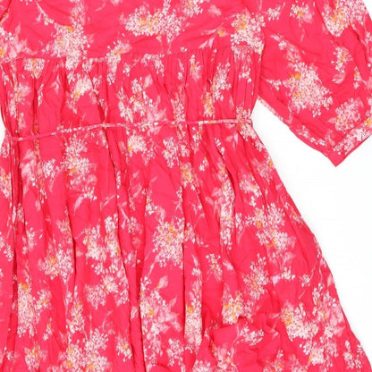 Preloved Per Una Womens Pink Floral Cotton A-Line Size M V-Neck Pullover - Belted - Label