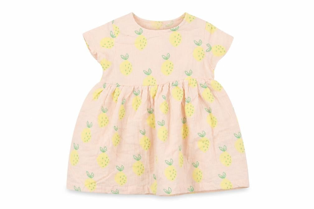 Marks & Spencer Girls Pink Geometric Cotton A-Line Size 6-9 Months Round Neck Button - Lemon Print