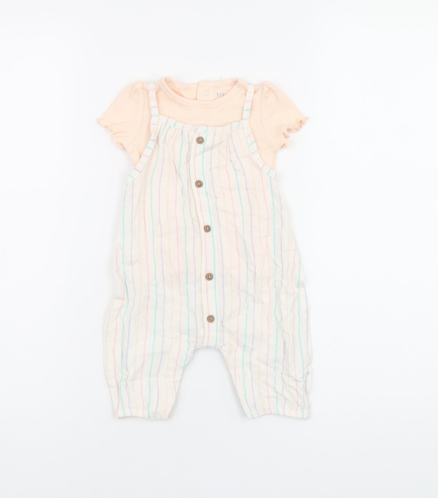 Marks and Spencer Girls White Striped Viscose Jumpsuit Outfit/Set Size 0-3 Months Button