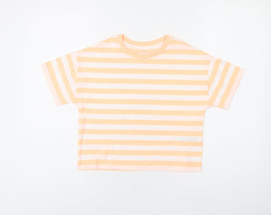 Marks and Spencer Boys White Striped Cotton Basic T-Shirt Size 8-9 Years Round Neck Pullover