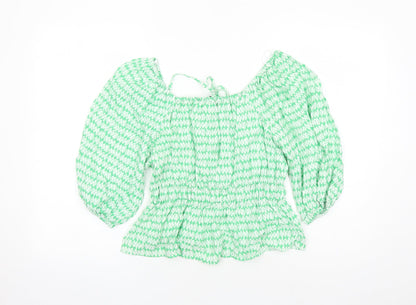Marks & Spencer Womens Green Geometric Viscose Basic Blouse Size 10 Round Neck - Keyhole Neckline