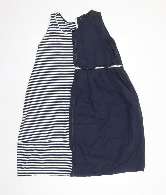Latte Womens Blue Striped Cotton Tank Dress Size L Round Neck Pullover - Pockets