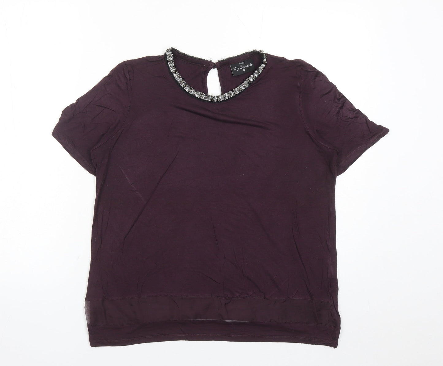NEXT Womens Purple Viscose Basic T-Shirt Size 12 Round Neck - Beaded Neckline