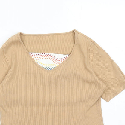 St Michael Womens Brown Polyester Basic T-Shirt Size 14 Square Neck - Embroidered Detail Vintage