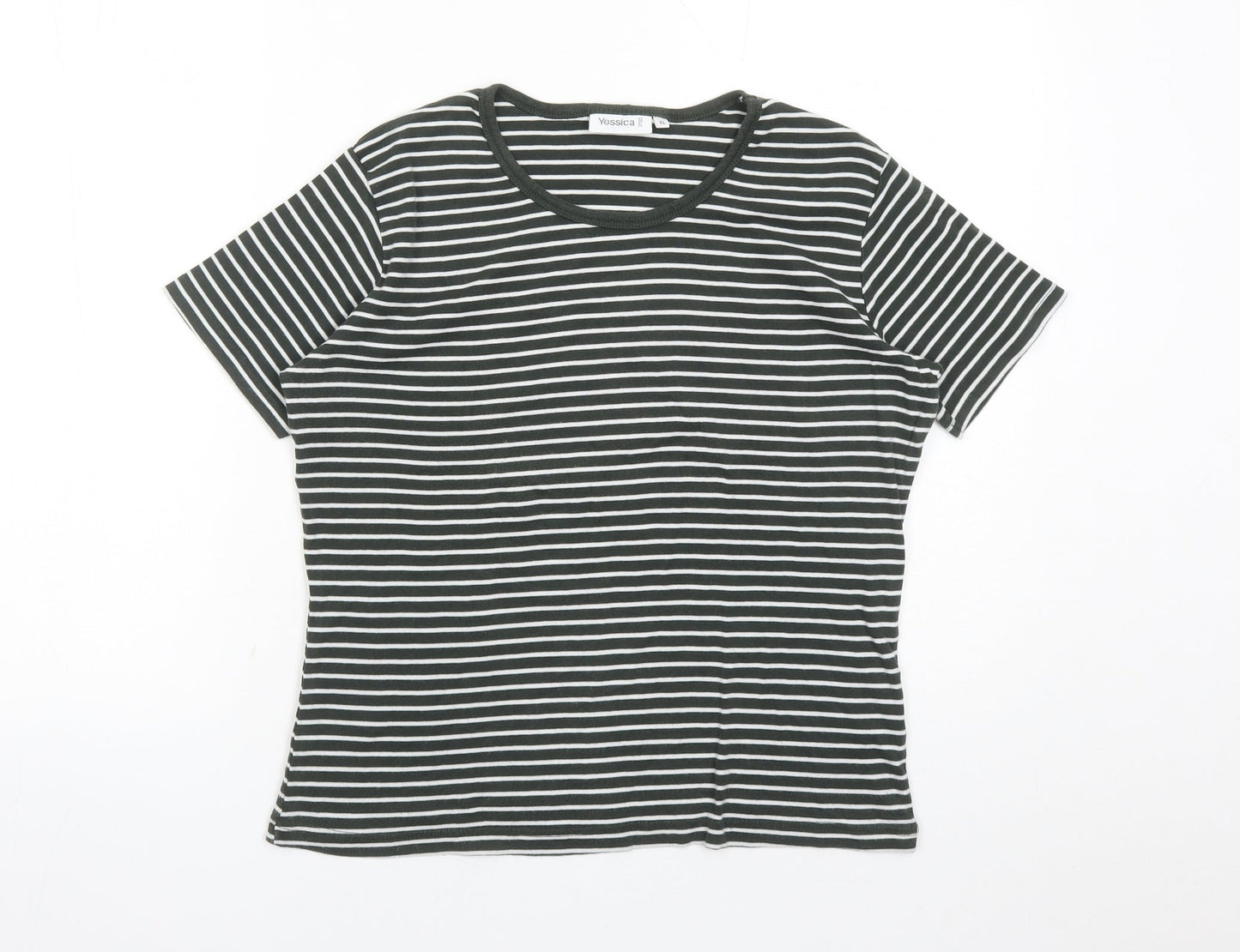 Yessica Womens Green Striped 100% Cotton Basic T-Shirt Size XL Round Neck