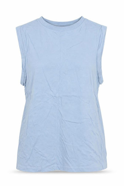Front view of ASOS women’s blue 100% cotton basic tank, size UK 6, round neck