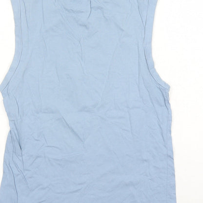 Brand and care label for ASOS women’s blue 100% cotton basic tank, size UK 6, round neck