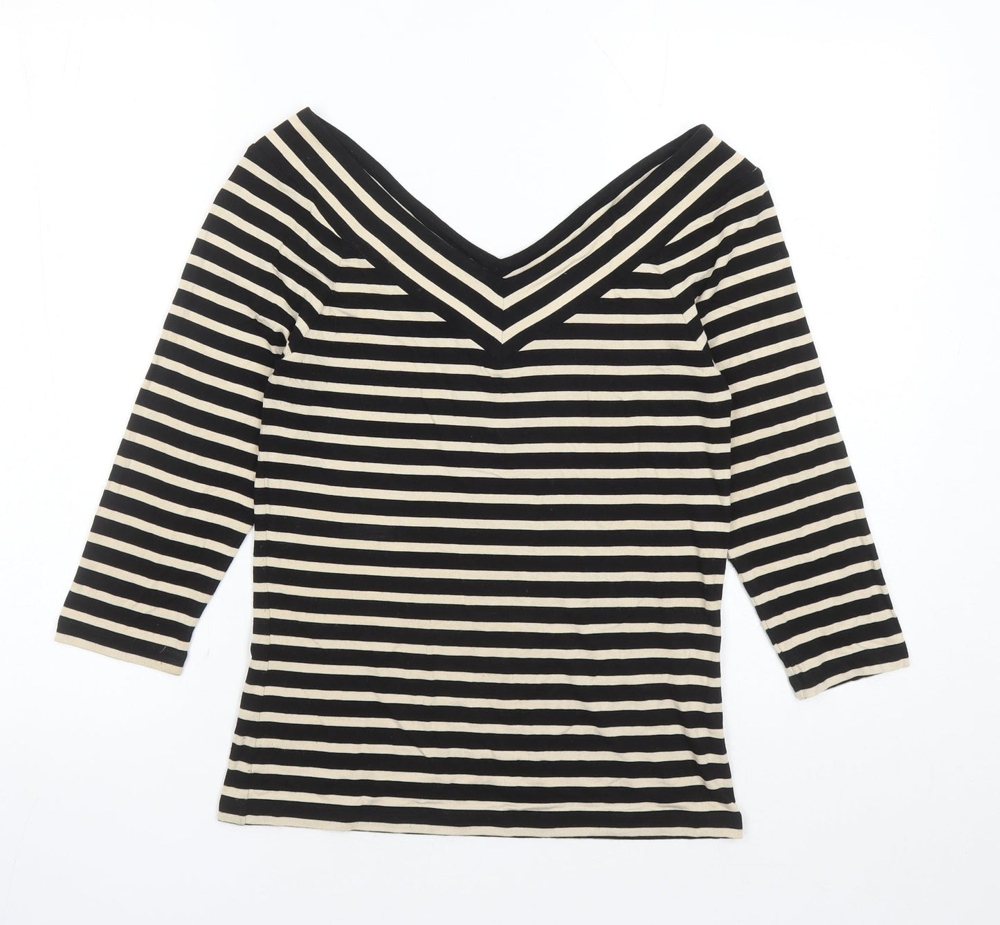Madeleine Womens Black Striped Polyester Basic T-Shirt Size 8 Collared