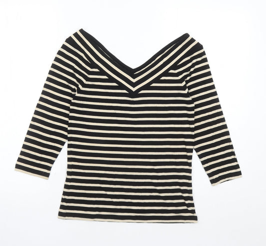 Madeleine Womens Black Striped Polyester Basic T-Shirt Size 8 Collared