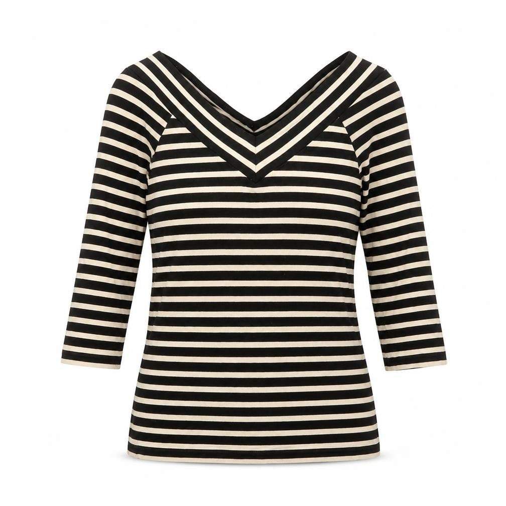Madeleine Womens Black Striped Polyester Basic T-Shirt Size 8 Collared