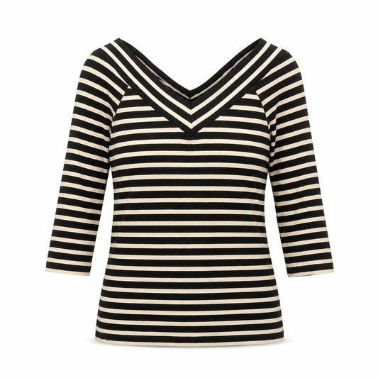 Madeleine Womens Black Striped Polyester Basic T-Shirt Size 8 Collared