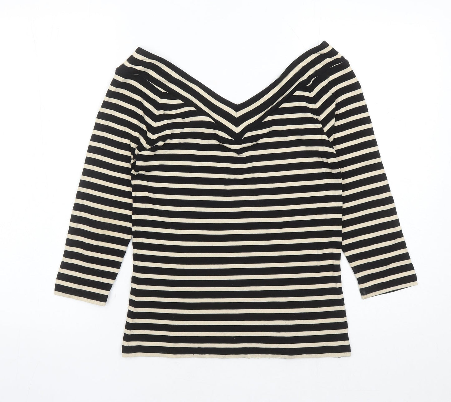Madeleine Womens Black Striped Polyester Basic T-Shirt Size 8 Collared