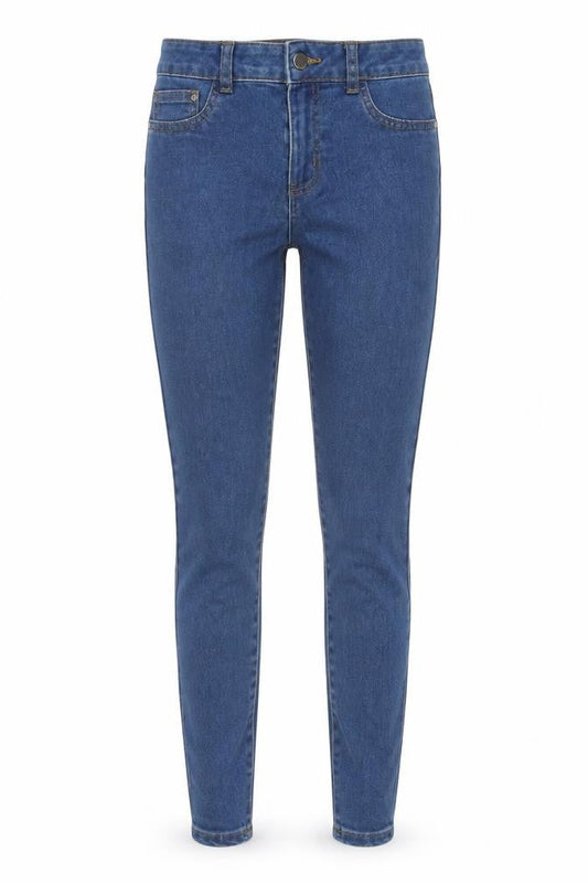 Front view of Denim & Co. women’s blue cotton skinny jeans, size UK 8, 29-inch leg regular button