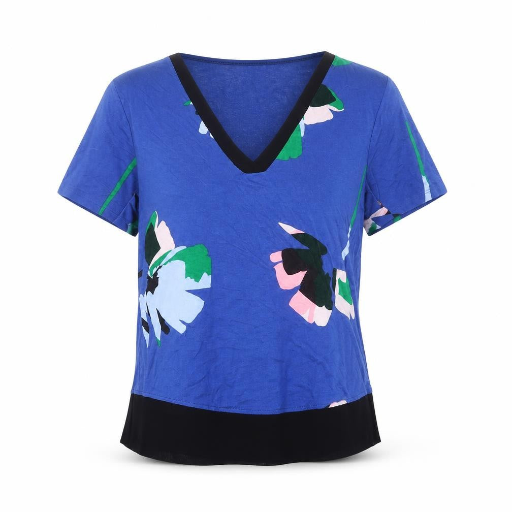 Marks & Spencer Womens Blue Geometric Polyester Basic T-Shirt Size 10 V-Neck